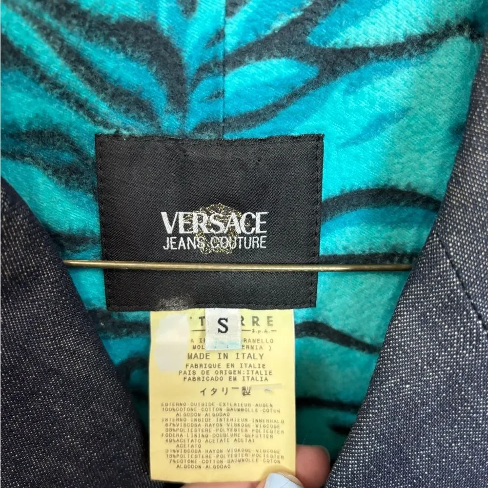 Versace Jeans Couture Y2K vintage Dark Denim trench Jacket with Teal zebraLining